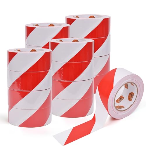 TAPEBEAR Absperrband Warnklebeband Rot und Weiß Flatterband Warnband Gefahr Warnung PVC Selbstklebend Markierungs Klebeband Für Warnmakierungen Und Bodenkennzeichnungen, 50mm x 46m,16Rollen von TAPEBEAR