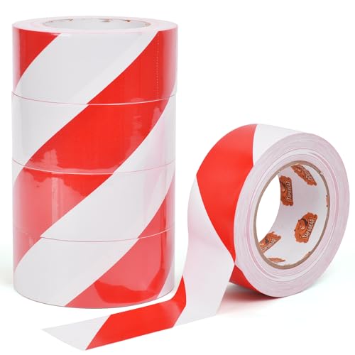 TAPEBEAR Absperrband Warnklebeband Rot und Weiß Flatterband Warnband Gefahr Warnung PVC Selbstklebend Markierungs Klebeband Für Warnmakierungen Und Bodenkennzeichnungen, 50mm x 46m,5Rollen von TAPEBEAR