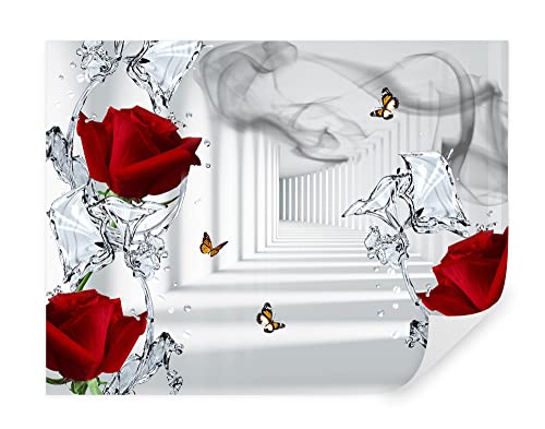 TAPEKO Fototapete 3D Effekt Rosen | Vliestapeten Premium 360x250 cm | 3D Tapete | Für Schlafzimmer Wohnzimmer | Rote Rosen und Wasserflecken | Tapete Rot u41092 von TAPEKO