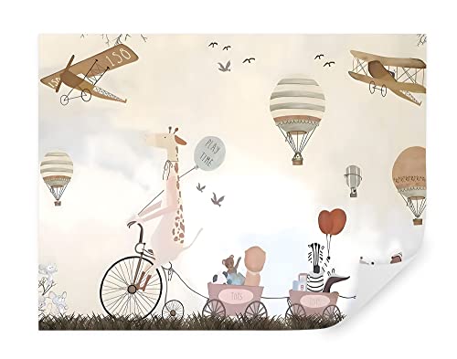 TAPEKO Fototapete im Kinderzimmer | Vliestapeten 260x180 cm | Kinderwelt, Tiere, Luftballons, Flugzeuge | Tapete Kinderzimmer | Für Jungs, Mädchen | Beige u08348 von TAPEKO