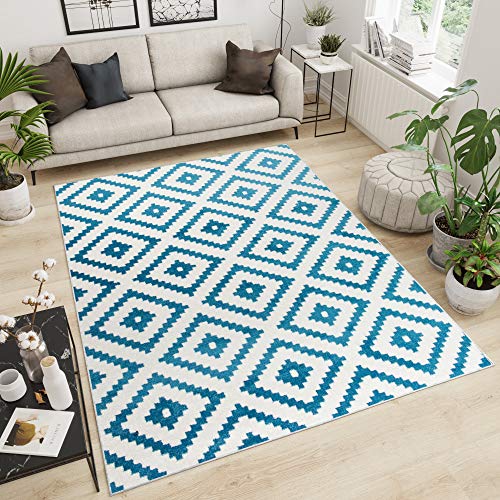Designer Teppich Wohnzimmer Teppich KURZFLOR Creme BLAU MODERN MAROKKANISCHE Muster 120 x 170 cm von TAPISO