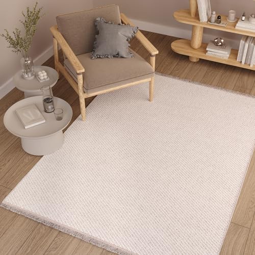 TAPISO Agra Teppich Creme Beige Kariert Schlingen Teppich mit Fransen Modern Boho Design Weich Loop Optik Wohnzimmer Schlafzimmer ÖKO-TEX 300 x 400 cm von TAPISO