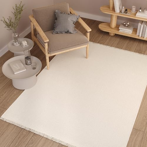 TAPISO Agra Teppich Creme Einfarbig Schlingen Teppich mit Fransen Modern Boho Design Weich Loop Optik Wohnzimmer Schlafzimmer ÖKO-TEX 120 x 170 cm von TAPISO