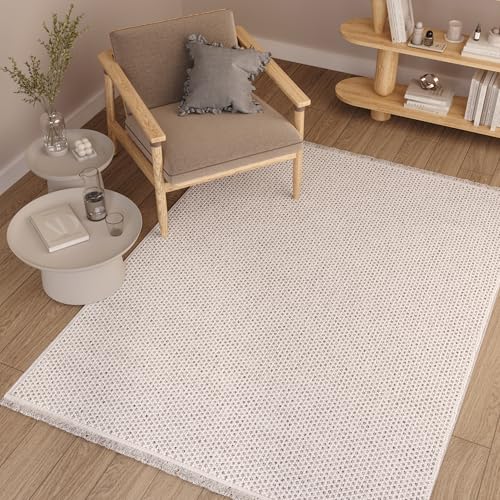 TAPISO Agra Teppich Creme Grau Kariert Schlingen Teppich mit Fransen Modern Boho Design Weich Loop Optik Wohnzimmer Schlafzimmer ÖKO-TEX 140 x 190 cm von TAPISO