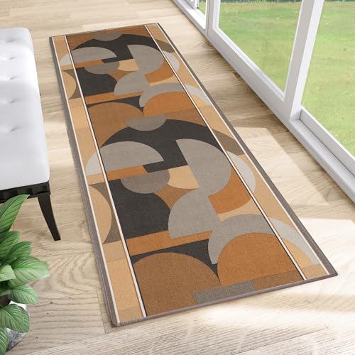 TAPISO Anti Rutsch Teppich Läufer Orange Grau Schwarz Braun rutschfest Modern Abstrakt Figuren Muster Flur Küche Wohnzimmer ÖKO-TEX 67 x 100 cm von TAPISO