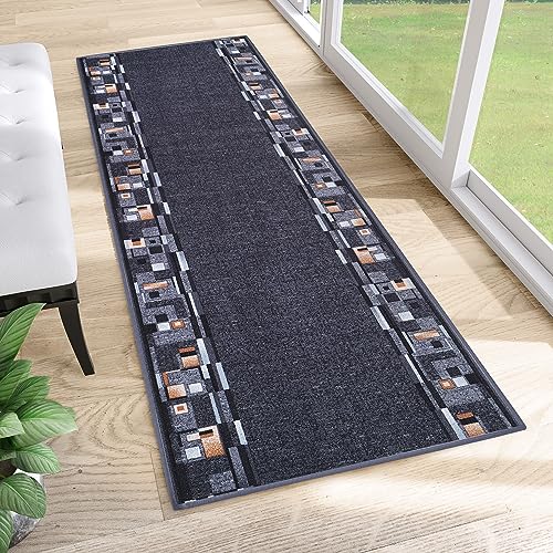 TAPISO Anti Rutsch Teppich Läufer rutschfest Brücke Meterware Modern Blau Dunkelgrau Braun Vierecke Design Flur Küche Wohnzimmer 67 x 290 cm von TAPISO