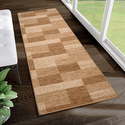 TAPISO Anti Rutsch Teppich Läufer rutschfest Brücke Meterware Modern Braun Beige Gelb Vierecke Geometrisch Design Flur Küche Wohnzimmer Diele 100 x 110 cm von TAPISO