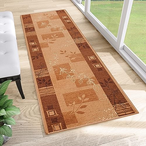 TAPISO Anti Rutsch Teppich Läufer rutschfest Brücke Meterware Modern Braun Beige Vierecke Floral Design Flur Küche Wohnzimmer 67 x 170 cm von TAPISO