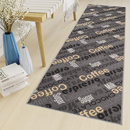 TAPISO Anti Rutsch Teppich Läufer rutschfest Brücke Meterware Modern Braun Gelb Grau Kaffee Schrift Design Flur Küche Wohnzimmer 100 x 300 cm von TAPISO