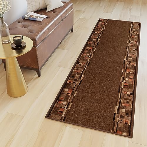 TAPISO Anti Rutsch Teppich Läufer rutschfest Brücke Meterware Modern Braun Orange Vierecke Figuren Design Flur Küche Wohnzimmer 100 x 340 cm von TAPISO