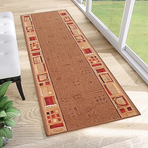 TAPISO Anti Rutsch Teppich Läufer rutschfest Brücke Meterware Modern Braun Rot Figuren Design Meliert Flur Küche Wohnzimmer 100 x 200 cm von TAPISO