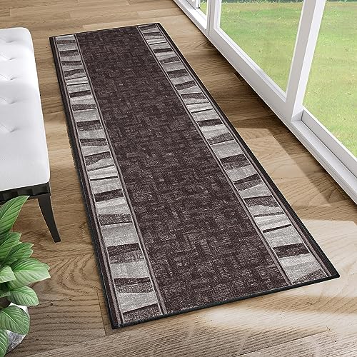 TAPISO Anti Rutsch Teppich Läufer rutschfest Brücke Meterware Modern Dunkelbraun Braun Basalt Viereck Geometrisch Design Flur Küche Wohnzimmer Diele 67 x 140 cm von TAPISO