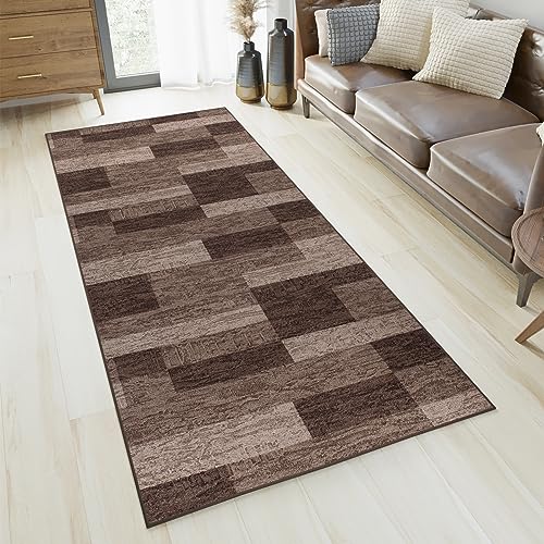 TAPISO Anti Rutsch Teppich Läufer rutschfest Brücke Meterware Modern Dunkelbraun Braun Viereck Geometrisch Design Flur Küche Wohnzimmer Diele 67 x 320 cm von TAPISO