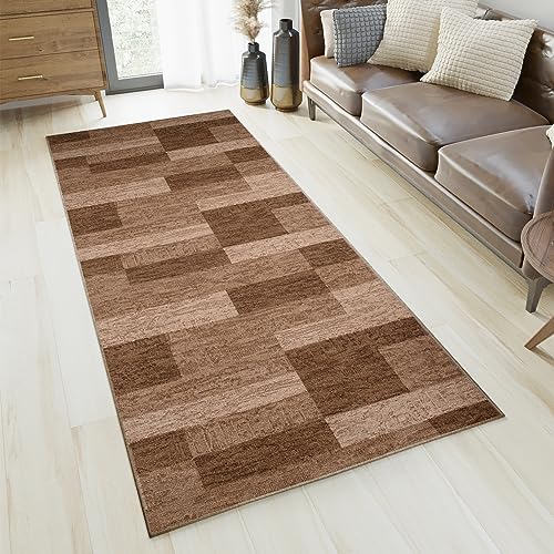 TAPISO Anti Rutsch Teppich Läufer rutschfest Brücke Meterware Modern Dunkelbraun Vierecke Geometrisch Design Flur Küche Wohnzimmer Diele 67 x 120 cm von TAPISO