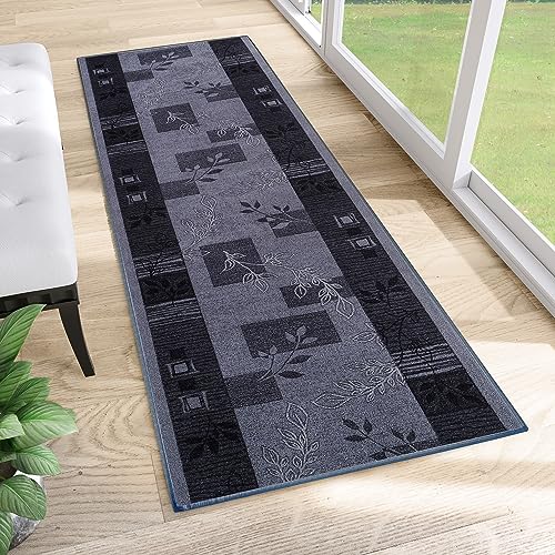 TAPISO Anti Rutsch Teppich Läufer rutschfest Brücke Meterware Modern Grau Dunkelblau Vierecke Floral Design Flur Küche Wohnzimmer 67 x 220 cm von TAPISO