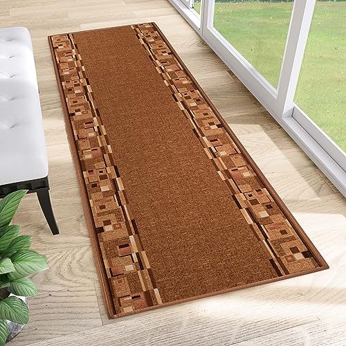 TAPISO Anti Rutsch Teppich Läufer rutschfest Brücke Meterware Modern Hellbraun Braun Vierecke Figuren Design Flur Küche Wohnzimmer 80 x 450 cm von TAPISO