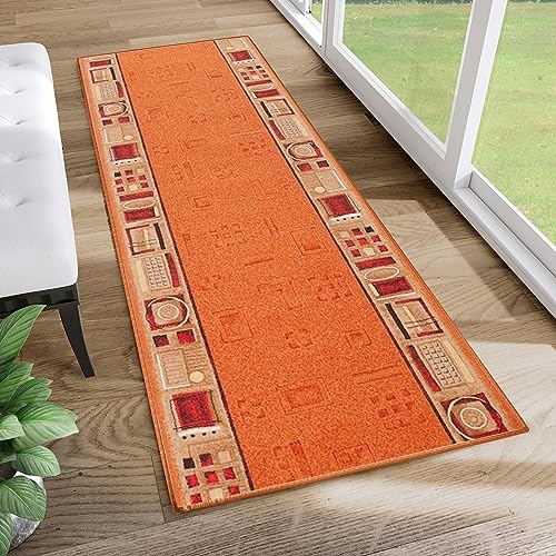 TAPISO Anti Rutsch Teppich Läufer rutschfest Brücke Meterware Modern Orange Rot Beige Figuren Design Meliert Flur Küche Wohnzimmer 67 x 140 cm von TAPISO