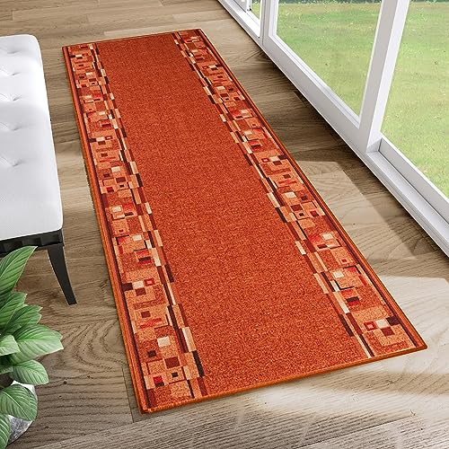 TAPISO Anti Rutsch Teppich Läufer rutschfest Brücke Meterware Modern Rot Orange Fuchsrot Vierecke Design Flur Küche Wohnzimmer 67 x 120 cm von TAPISO