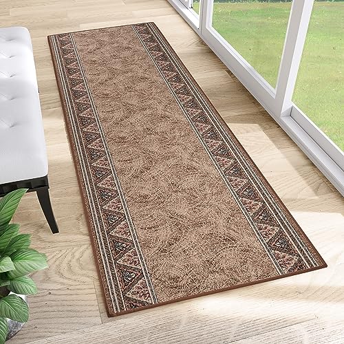 TAPISO Anti Rutsch Teppich Läufer rutschfest Brücke Meterware Oriental Floral Design Meliert Braun Beige Flur Küche Wohnzimmer 67 x 120 cm von TAPISO