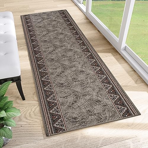 TAPISO Anti Rutsch Teppich Läufer rutschfest Brücke Meterware Oriental Floral Design Meliert Grau Rot Flur Küche Wohnzimmer 120 x 380 cm von TAPISO