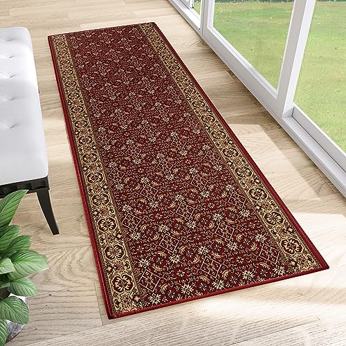 TAPISO Anti Rutsch Teppich Läufer rutschfest Brücke Meterware Oriental Rot Beige Ornament Floral Design Flur Küche Wohnzimmer 67 x 110 cm von TAPISO