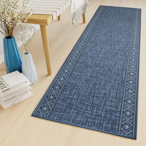 TAPISO Antirutsch Läufer Kurzflor Gummiert rutschfest Meterware Blau Hellblau Viereck Figuren Brücke Flur Korridor Lobby Modern Design 67 x 150 cm von TAPISO