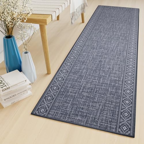 TAPISO Antirutsch Läufer Kurzflor Gummiert rutschfest Meterware Blau Jeansblau Viereck Figuren Brücke Flur Korridor Lobby Modern Design 80 x 200 cm von TAPISO