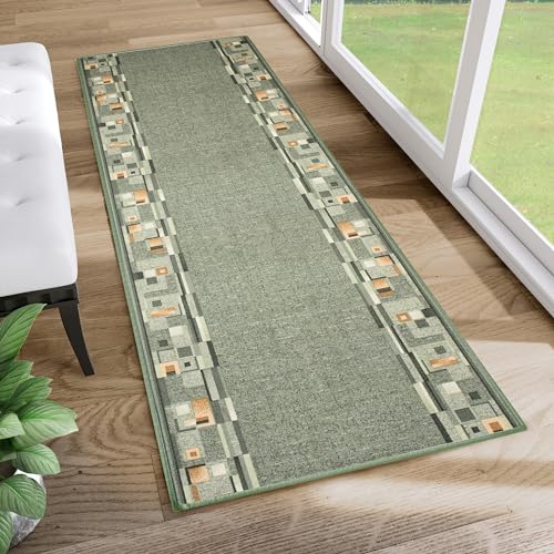 TAPISO Antirutsch Läufer Kurzflor Gummiert rutschfest Meterware Olivengrün Creme Viereck Figuren Brücke Flur Korridor Lobby Modern Design 80 x 180 cm von TAPISO