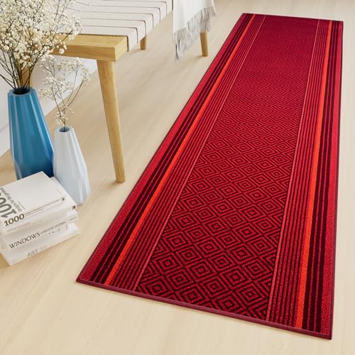 TAPISO Antirutsch Läufer Kurzflor Gummiert rutschfest Meterware Rot Schwarz Linien Figuren Viereck Brücke Flur Korridor Lobby Modern Design 67 x 230 cm von TAPISO