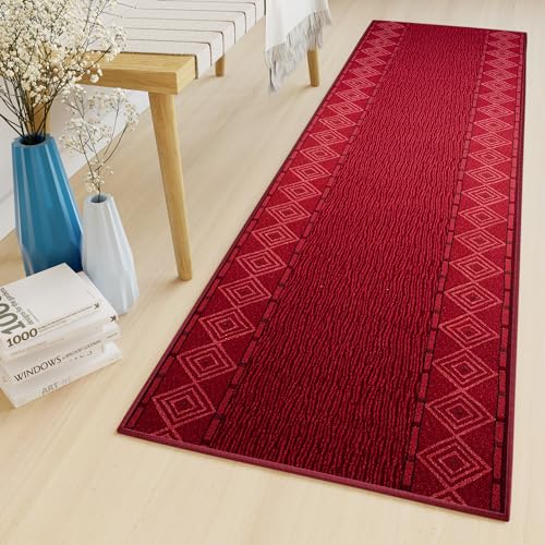 TAPISO Antirutsch Läufer Kurzflor Gummiert rutschfest Meterware Rot Schwarz Viereck Linien Figuren Brücke Flur Korridor Lobby Modern Design 67 x 140 cm von TAPISO