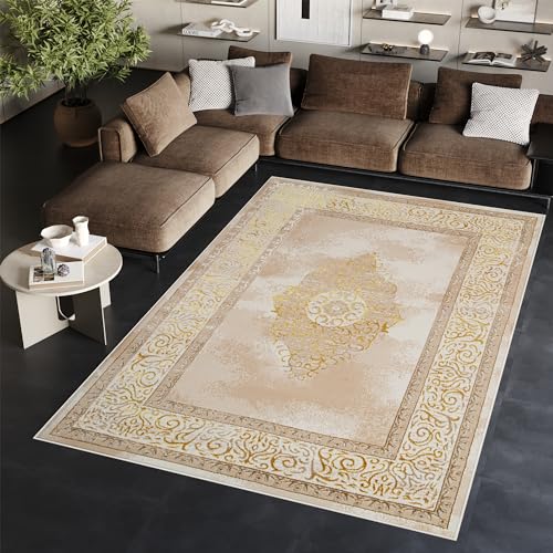 TAPISO Ares Teppich Kurzflor Glänzend Beige Creme Ornament Blumen Bordüre Rahmen Medaillion Klassisch 3D Effekt Wohnzimmer Schlafzimmer ÖKO-TEX 140 x 200 cm von TAPISO