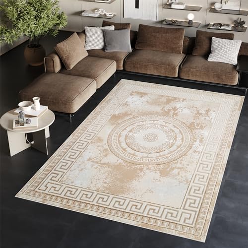 TAPISO Ares Teppich Kurzflor Glänzend Beige Creme Rahmen Marmoreffekt Rosette Klassisch 3D Effekt Wohnzimmer Schlafzimmer ÖKO-TEX 250 x 350 cm von TAPISO