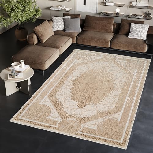 TAPISO Ares Teppich Kurzflor Glänzend Braun Beige Ornament Bordüre Barock Klassisch 3D Effekt Wohnzimmer Schlafzimmer ÖKO-TEX 120 x 170 cm von TAPISO