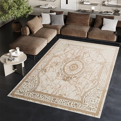 TAPISO Ares Teppich Kurzflor Glänzend Braun Creme Blumen Ornament Bordüre Rahmen Medaillion Klassisch 3D Effekt Wohnzimmer Schlafzimmer ÖKO-TEX 140 x 200 cm von TAPISO