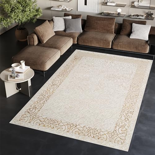 TAPISO Ares Teppich Kurzflor Glänzend Creme Beige Rahmen Blumen Floral Klassisch 3D Effekt Wohnzimmer Schlafzimmer ÖKO-TEX 80 x 150 cm von TAPISO