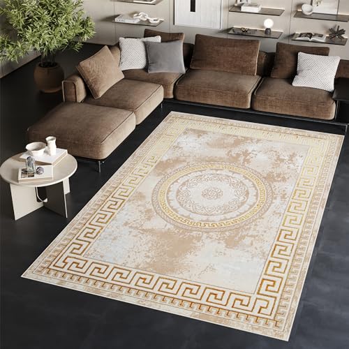TAPISO Ares Teppich Kurzflor Glänzend Creme Beige Rahmen Marmoreffekt Rosette Klassisch 3D Effekt Wohnzimmer Schlafzimmer ÖKO-TEX 250 x 350 cm von TAPISO