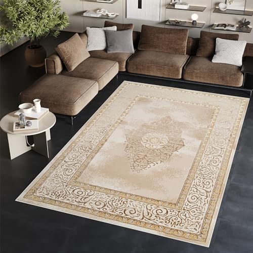 TAPISO Ares Teppich Kurzflor Glänzend Creme Braun Ornament Blumen Bordüre Rahmen Medaillion Klassisch 3D Effekt Wohnzimmer Schlafzimmer ÖKO-TEX 140 x 200 cm von TAPISO