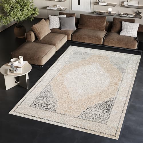 TAPISO Ares Teppich Kurzflor Glänzend Creme Grau Rahmen Blumen Floral Ornament Medallion Klassisch 3D Effekt Wohnzimmer Schlafzimmer ÖKO-TEX 180 x 250 cm von TAPISO