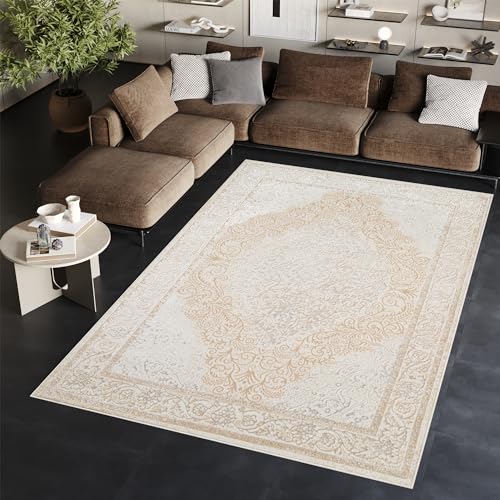 TAPISO Ares Teppich Kurzflor Glänzend Creme Weiß Rahmen Blumen Floral Ornament Medallion Klassisch 3D Effekt Wohnzimmer Schlafzimmer ÖKO-TEX 120 x 170 cm von TAPISO