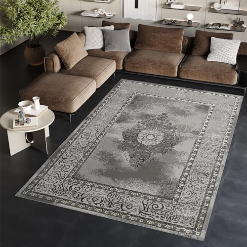 TAPISO Ares Teppich Kurzflor Glänzend Dunkelgrau Grau Ornament Blumen Bordüre Rahmen Medaillion Klassisch 3D Effekt Wohnzimmer Schlafzimmer ÖKO-TEX 160 x 220 cm von TAPISO