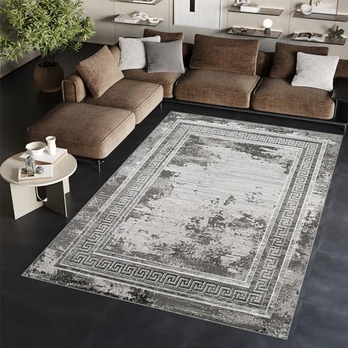 TAPISO Ares Teppich Kurzflor Glänzend Dunkelgrau Grau Rahmen Verwischt Klassisch 3D Effekt Wohnzimmer Schlafzimmer ÖKO-TEX 160 x 220 cm von TAPISO