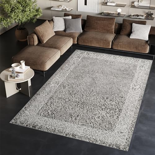 TAPISO Ares Teppich Kurzflor Glänzend Dunkelgrau Weiß Blumen Rahmen Floral Klassisch 3D Effekt Wohnzimmer Schlafzimmer ÖKO-TEX 250 x 350 cm von TAPISO