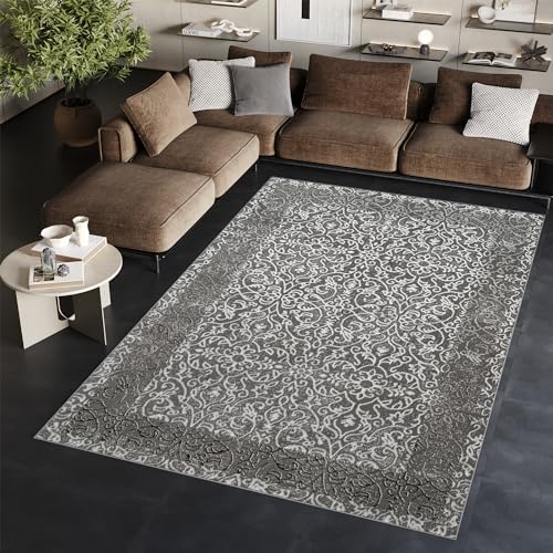 TAPISO Ares Teppich Kurzflor Glänzend Dunkelgrau Weiß Rahmen Blumen Floral Klassisch 3D Effekt Wohnzimmer Schlafzimmer ÖKO-TEX 160 x 220 cm von TAPISO