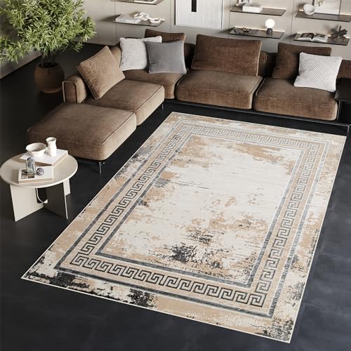 TAPISO Ares Teppich Kurzflor Glänzend Grau Beige Rahmen Verwischt Klassisch 3D Effekt Wohnzimmer Schlafzimmer ÖKO-TEX 180 x 250 cm von TAPISO