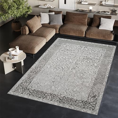 TAPISO Ares Teppich Kurzflor Glänzend Hellgrau Weiß Rahmen Blumen Floral Klassisch 3D Effekt Wohnzimmer Schlafzimmer ÖKO-TEX 80 x 150 cm von TAPISO