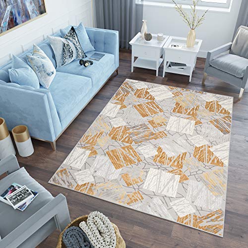 TAPISO Asthane Teppich Kurzflor Creme Grau Gelb Modern Figuren Streifen Meliert Verwischt Design Wohnzimmer Schlafzimmer 300 x 400 cm von TAPISO