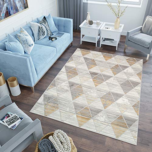 TAPISO Asthane Teppich Kurzflor Creme Grau Gelb Modern Geometrisch Dreiecke Figuren Meliert Verwischt Design Wohnzimmer Schlafzimmer 140 x 200 cm von TAPISO