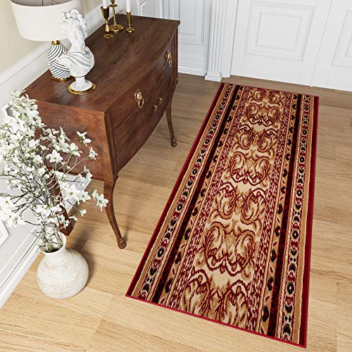 TAPISO Atlas Teppich Läufer Meterware Flur Kurzflor Brücke Küche Wohnzimmer Klassisch Blumen Floral Streifen Rot Beige ÖKOTEX 60 x 150 cm von TAPISO