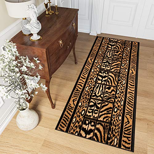 TAPISO Atlas Teppich Läufer Meterware Flur Kurzflor Küche Wohnzimmer Streifen Linien Tiermotiv Tiger Leopard Schwarz Gelb ÖKOTEX 100 x 150 cm von TAPISO