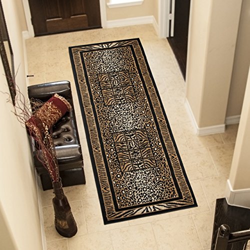 TAPISO Atlas Läufer Kurzflor Teppich Wohnzimmer Schwarz Beige Streifen Tierfell Tiger Muster Bordüre Schlafzimmer ÖKOTEX 80 x 200 cm von TAPISO